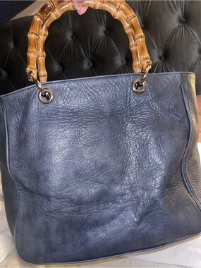 Mark & Graham Italian Leather Bamboo Handle Tote Shoulder Bag Blue Made in Italy